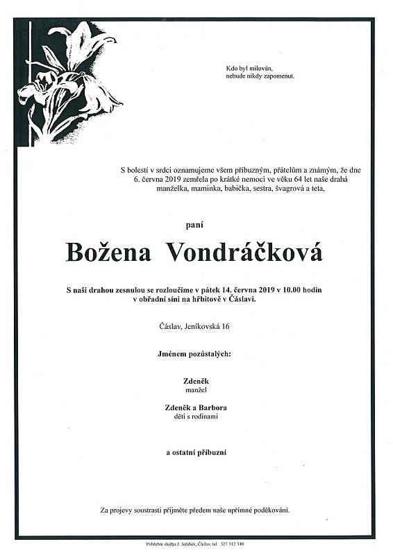 Smuteční parte: Božena Vondráčková.