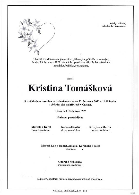 Smuteční oznámení: Kristina Tomášková.
