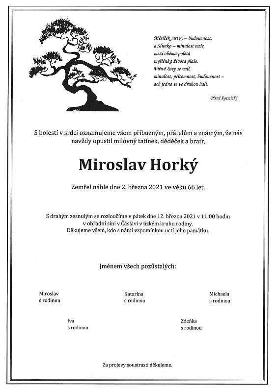 Smuteční oznámení: Miroslav Horký.