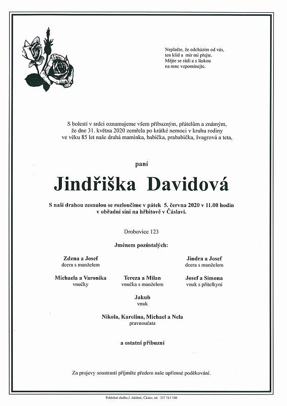 Smuteční parte: Jindřiška Davidová.