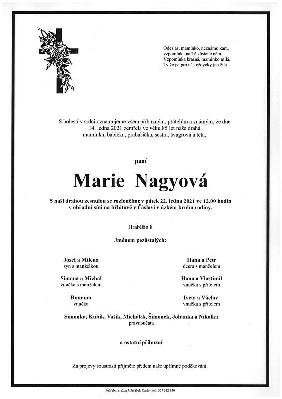 Smuteční parte: Marie Nagyová.