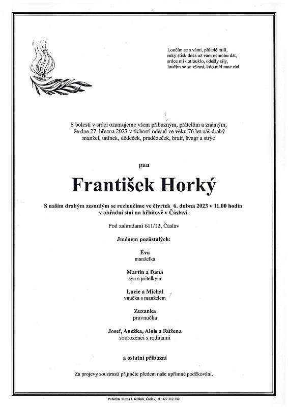 Smuteční oznámení: František Horký.