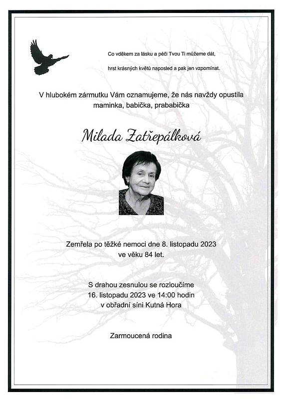 Smuteční oznámení: Milada Zatřepálková.