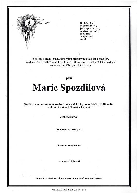 Smuteční oznámení: Marie Spozdilová.