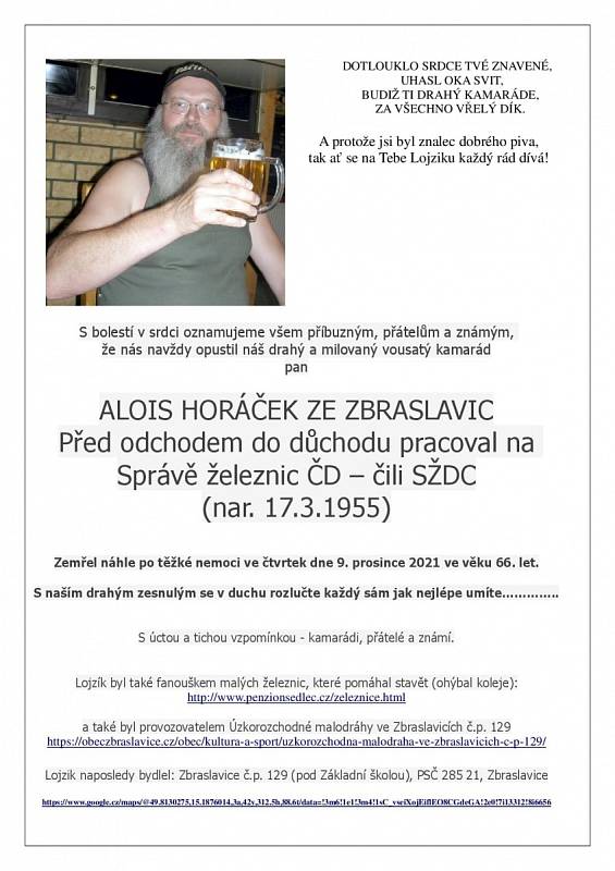 Smuteční oznámení: Alois Horáček.