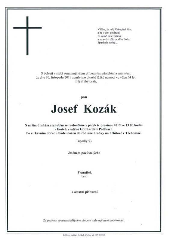 Smuteční parte: Josef Kozák.