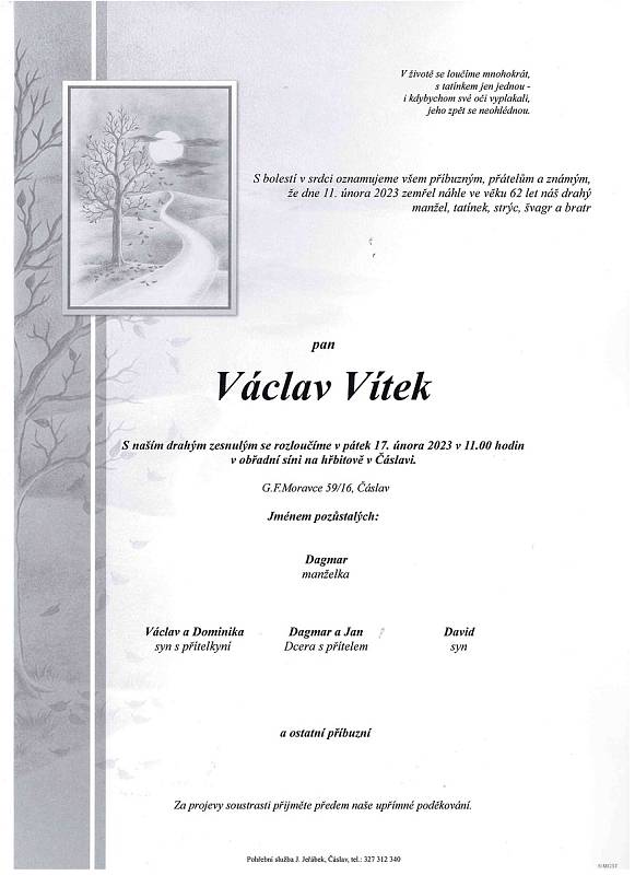 Smuteční oznámení: Václav Vítek.