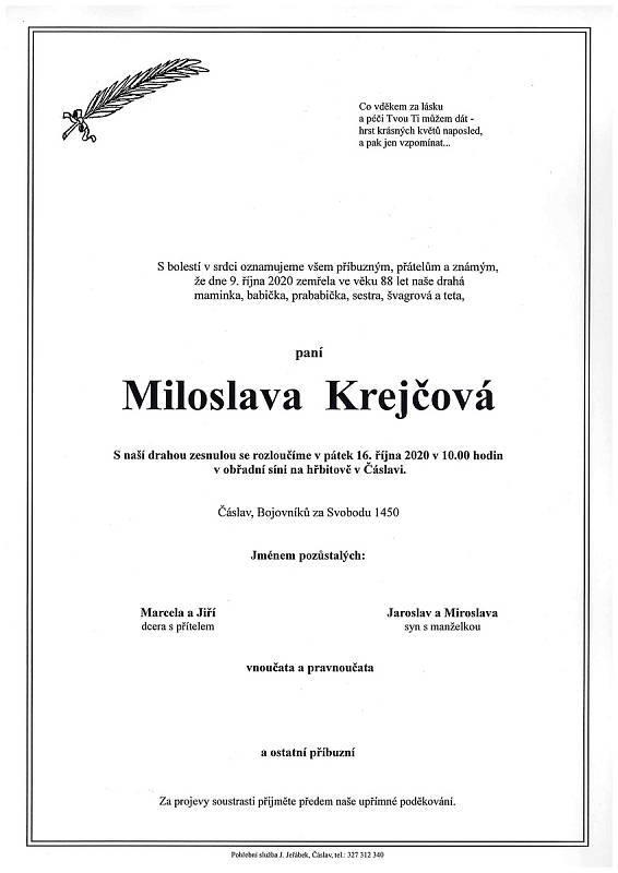 Smuteční parte: Miloslava Krejčová.