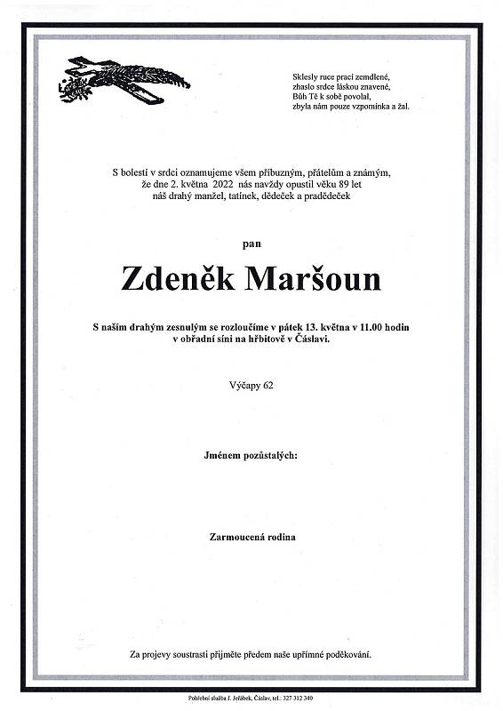 Smuteční oznámení: Zdeněk Maršoun.