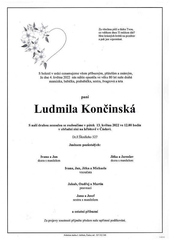 Smuteční oznámení: Ludmila Končinská.