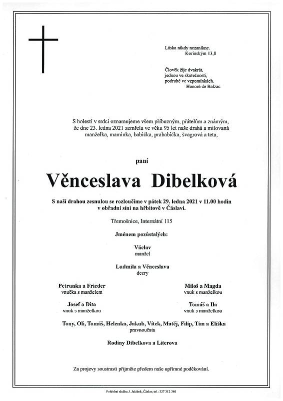 Smuteční parte: Věnceslava Dibelková.