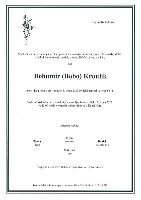 Smuteční oznámení: Bohumír (Bobo) Kroulík.