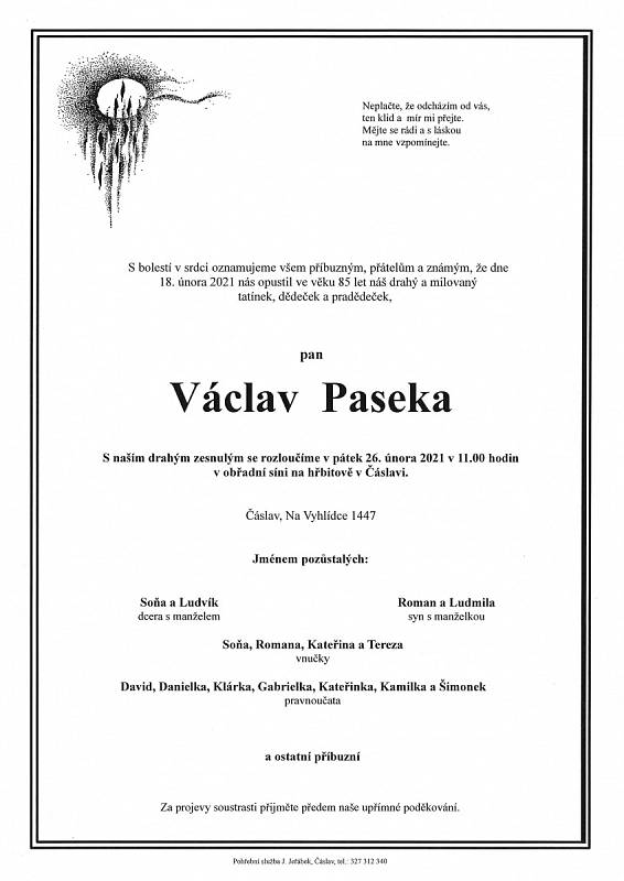 Smuteční parte: Václav Paseka.