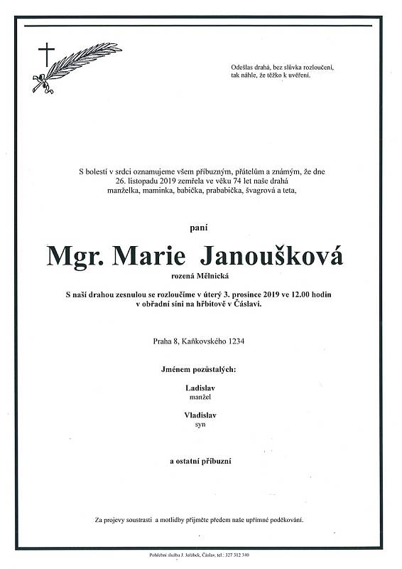 Smuteční parte: Mgr. Marie Janoušková.