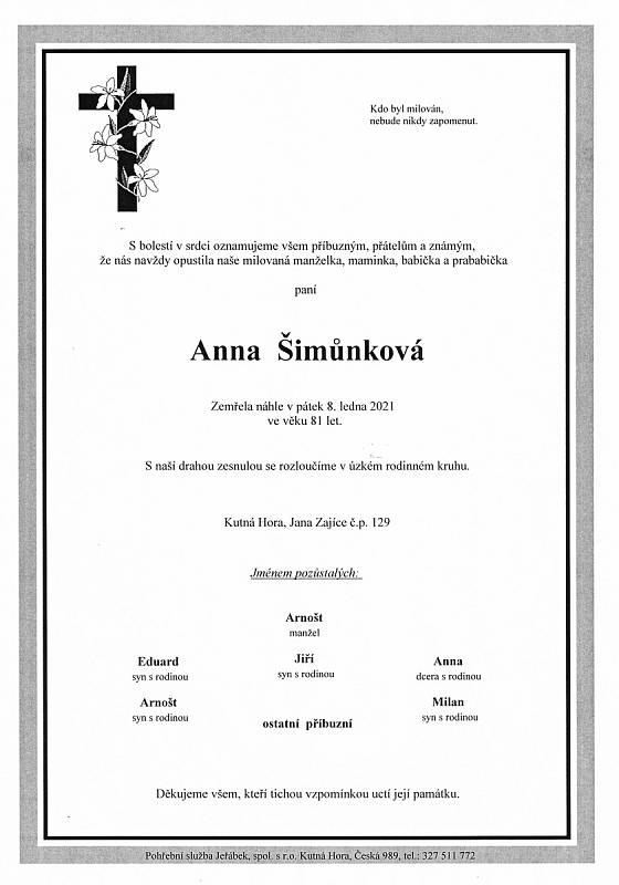 Smuteční parte: Anna Šimůnková.