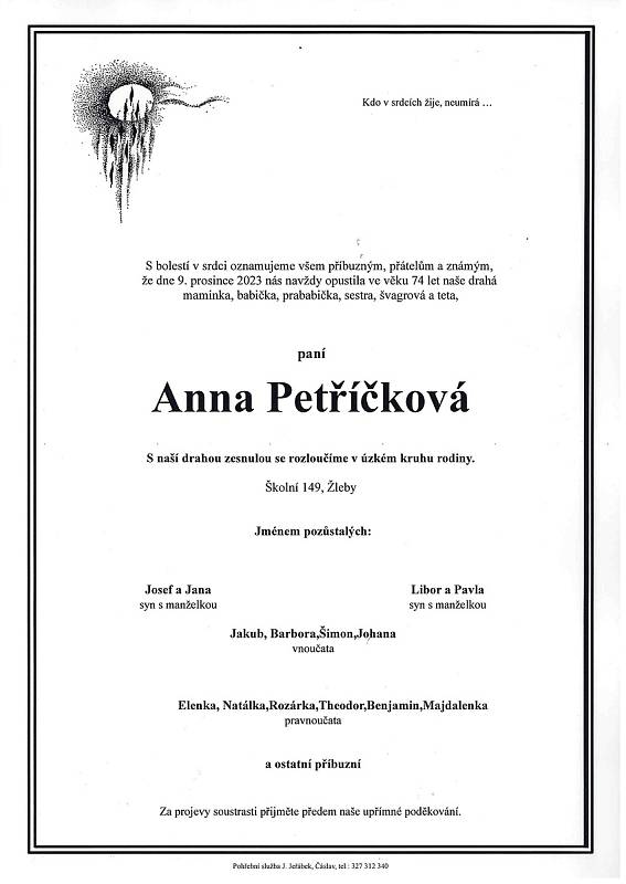Smuteční oznámení: Anna Petříčková.