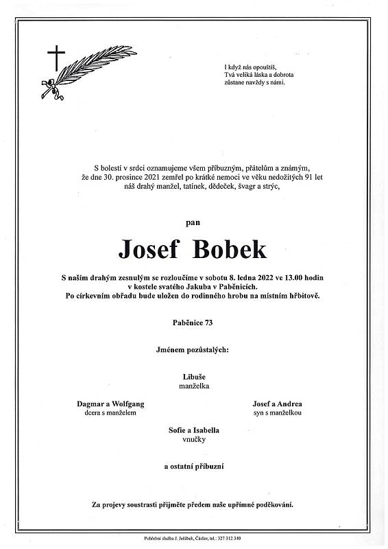 Smuteční oznámení: Josef Bobek.