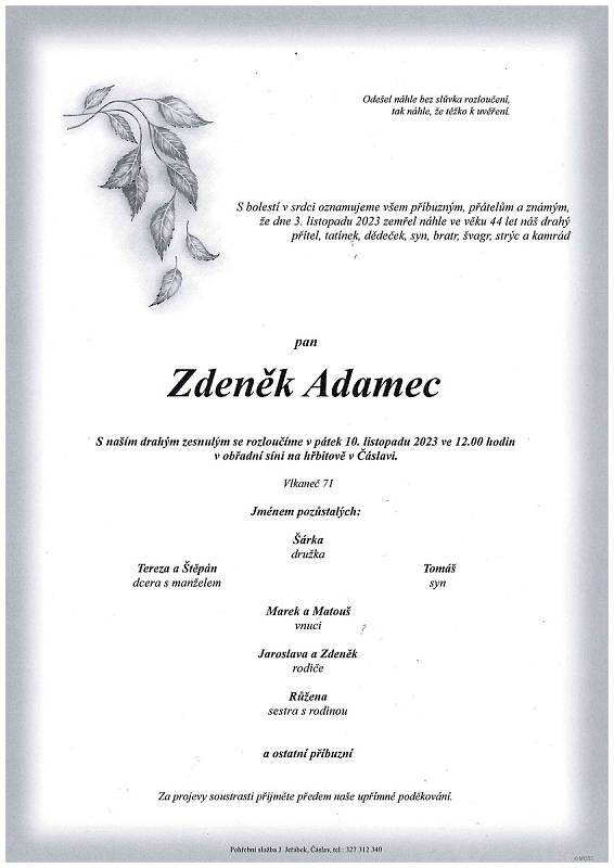 Smuteční oznámení: Zdeněk Adamec.