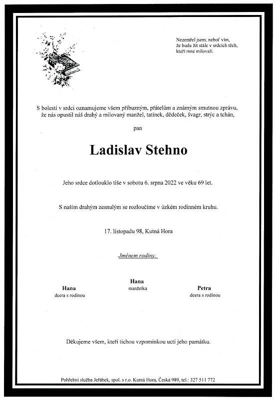 Smuteční oznámení: Ladislav Stehno.