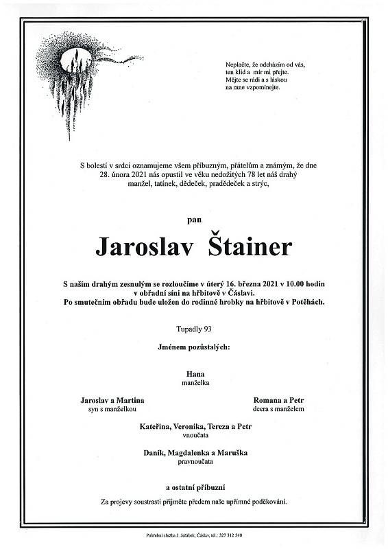 Smuteční oznámení: Jaroslav Štainer.