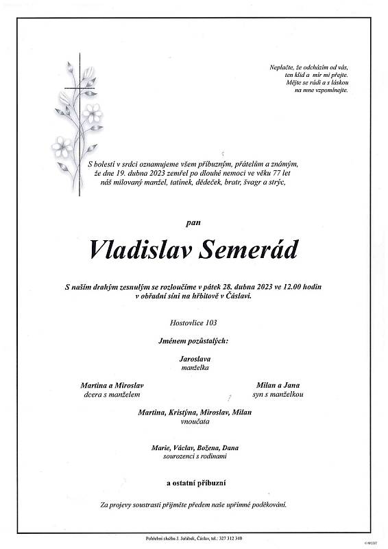 Smuteční oznámení: Vladislav Semerád.
