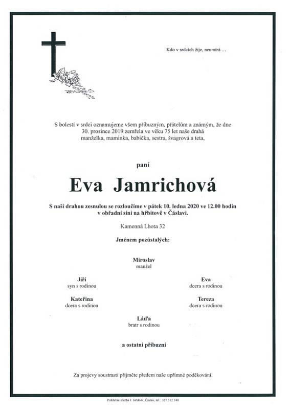 Smuteční parte: Eva Jamrichová.