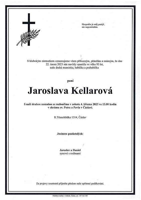 Smuteční oznámení: Jaroslava Kellarová.