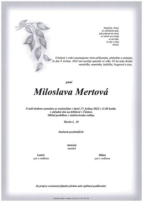 Smuteční oznámení: Miloslava Mertová.