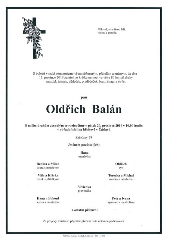 Smuteční parte: Oldřich Balán.