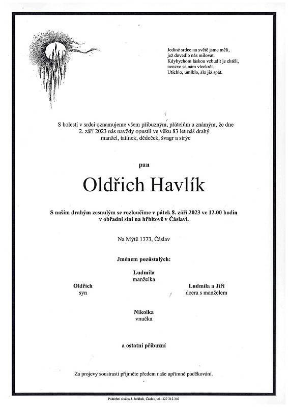 Smuteční oznámení: Oldřich Havlík.
