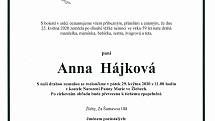 Smuteční parte: Anna Hájková.