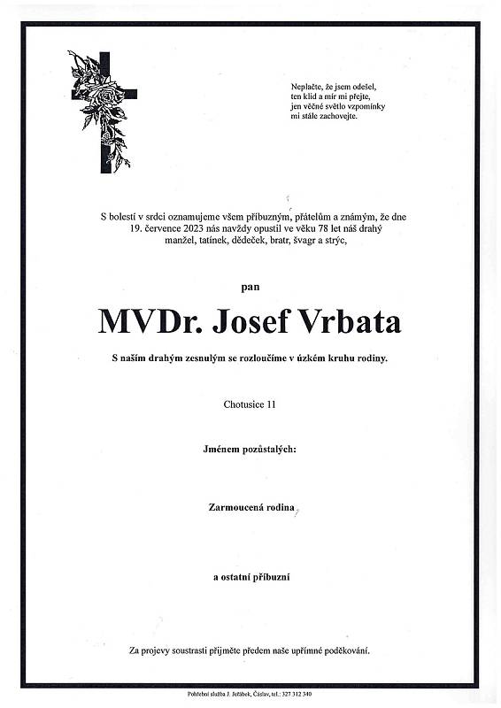 Smuteční oznámení: MVDr. Josef Vrbata.