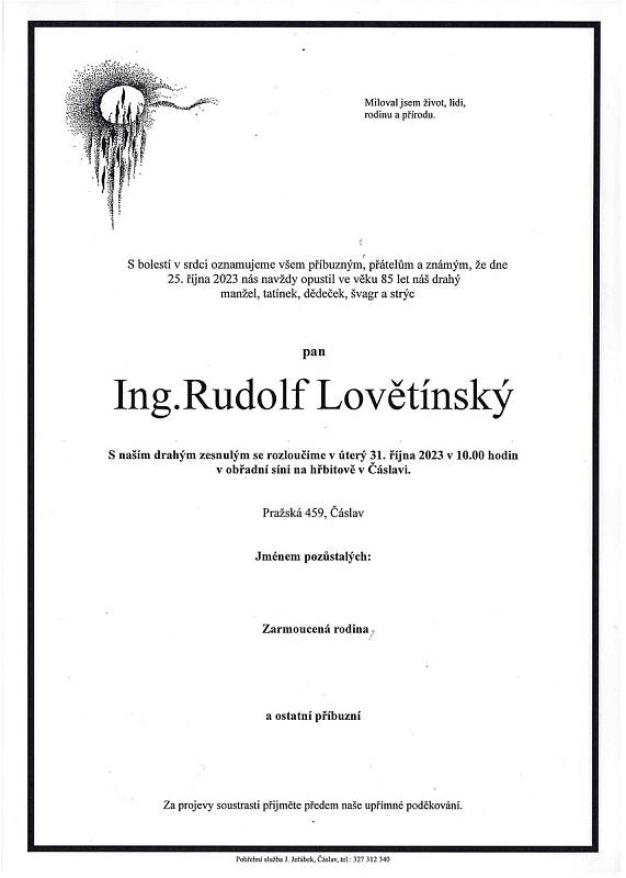 Smuteční oznámení: Ing. Rudolf Lovětinský.