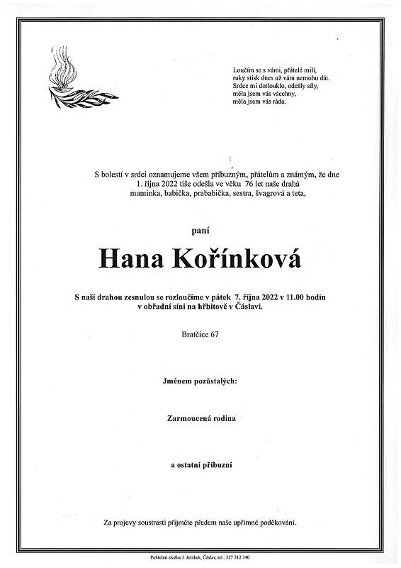 Smuteční oznámení: Hana Kořínková.