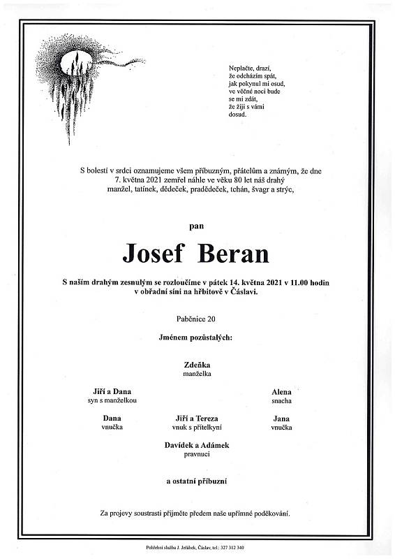 Smuteční oznámení: Josef Beran.