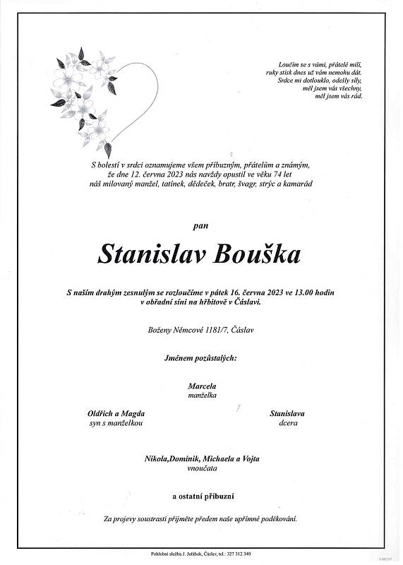 Smuteční oznámení: Stanislav Bouška.