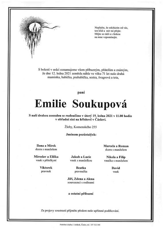 Smuteční parte: Emilie Soukupová.