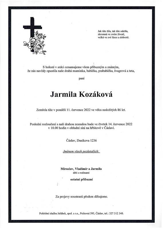 Smuteční oznámení: Jarmila Kozáková.