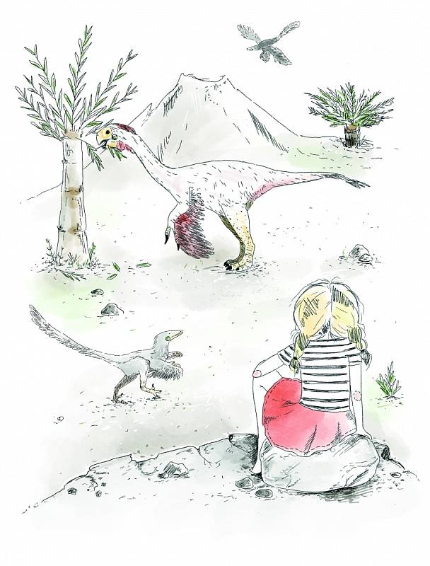 Ilustrace Adély Sedlákové v knize Lucie Rybové Záhada jednoho dinosaura.