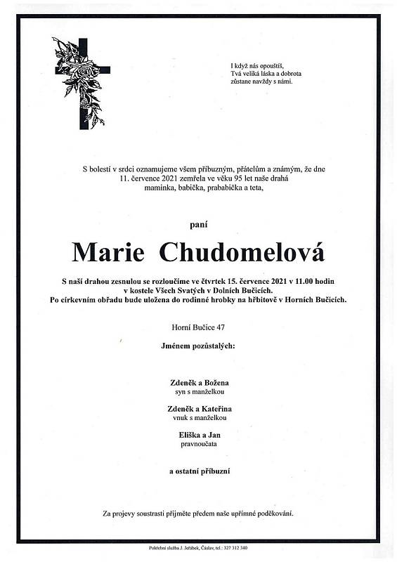 Smuteční oznámení: Marie Chudomelová.