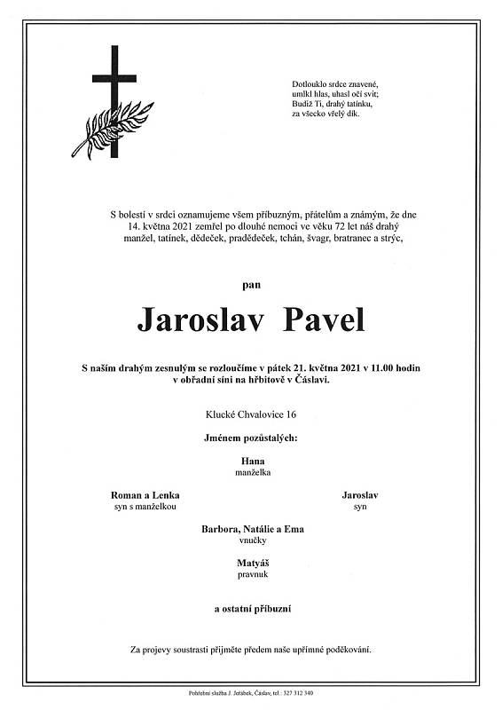 Smuteční rozloučení: Jaroslav Pavel.