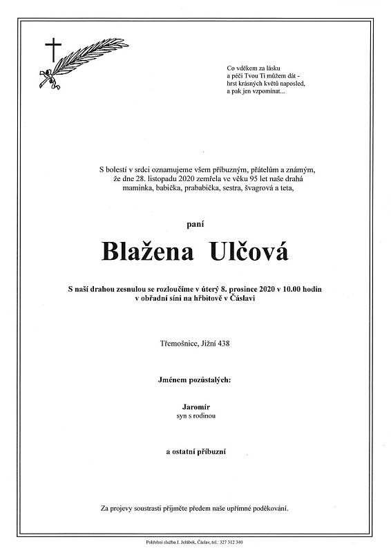 Smuteční parte: Blažena Ulčová.