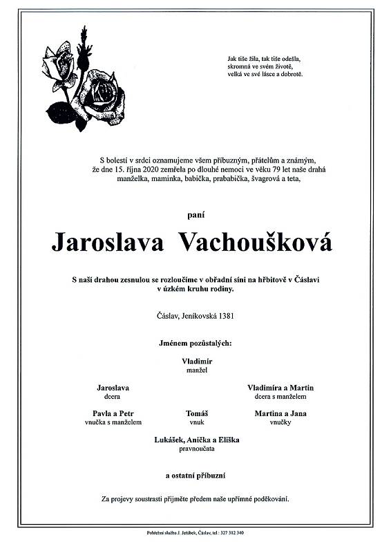 Smuteční parte: Jaroslava Vachoušková.