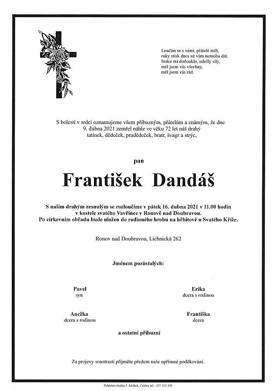 Smuteční oznámení: František Dandáš.