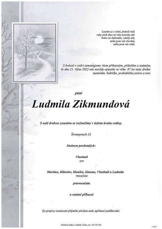 Smuteční oznámení: Ludmila Zikmundová.