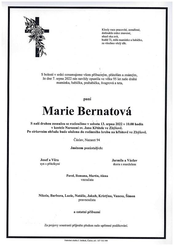 Smuteční oznámení: Marie Bernatová.