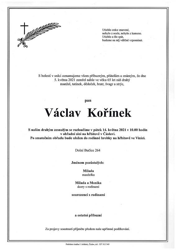Smuteční oznámení: Václav Kořínek.