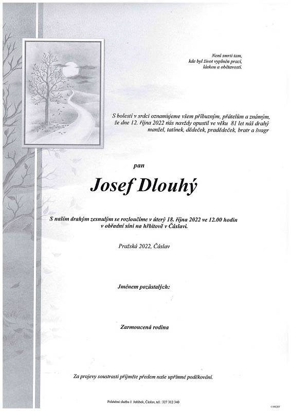 Smuteční oznámení: Josef Dlouhý.