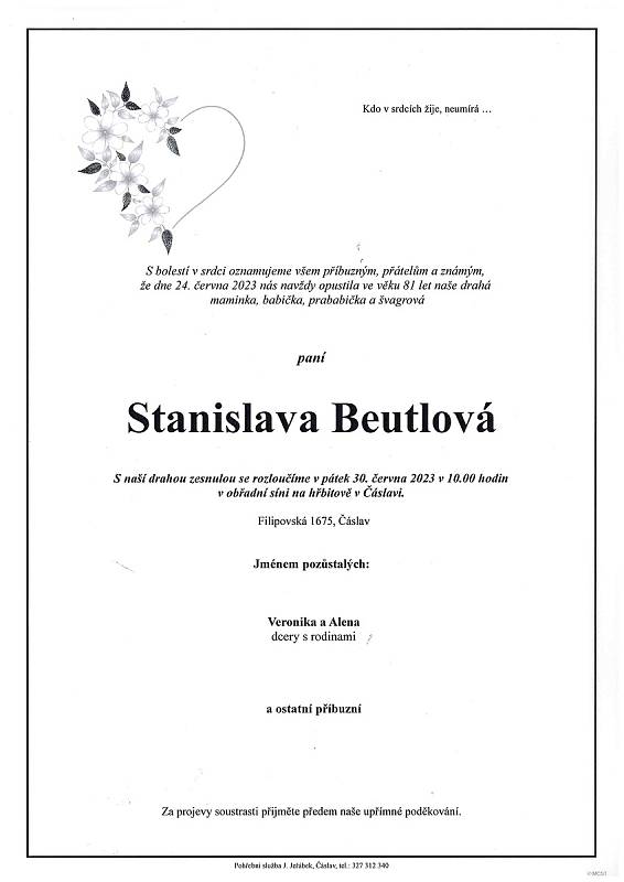 Smuteční oznámení: Stanislava Beutlová.