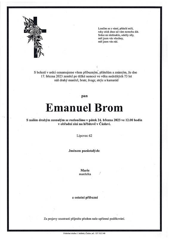 Smuteční oznámení: Emanuel Brom.